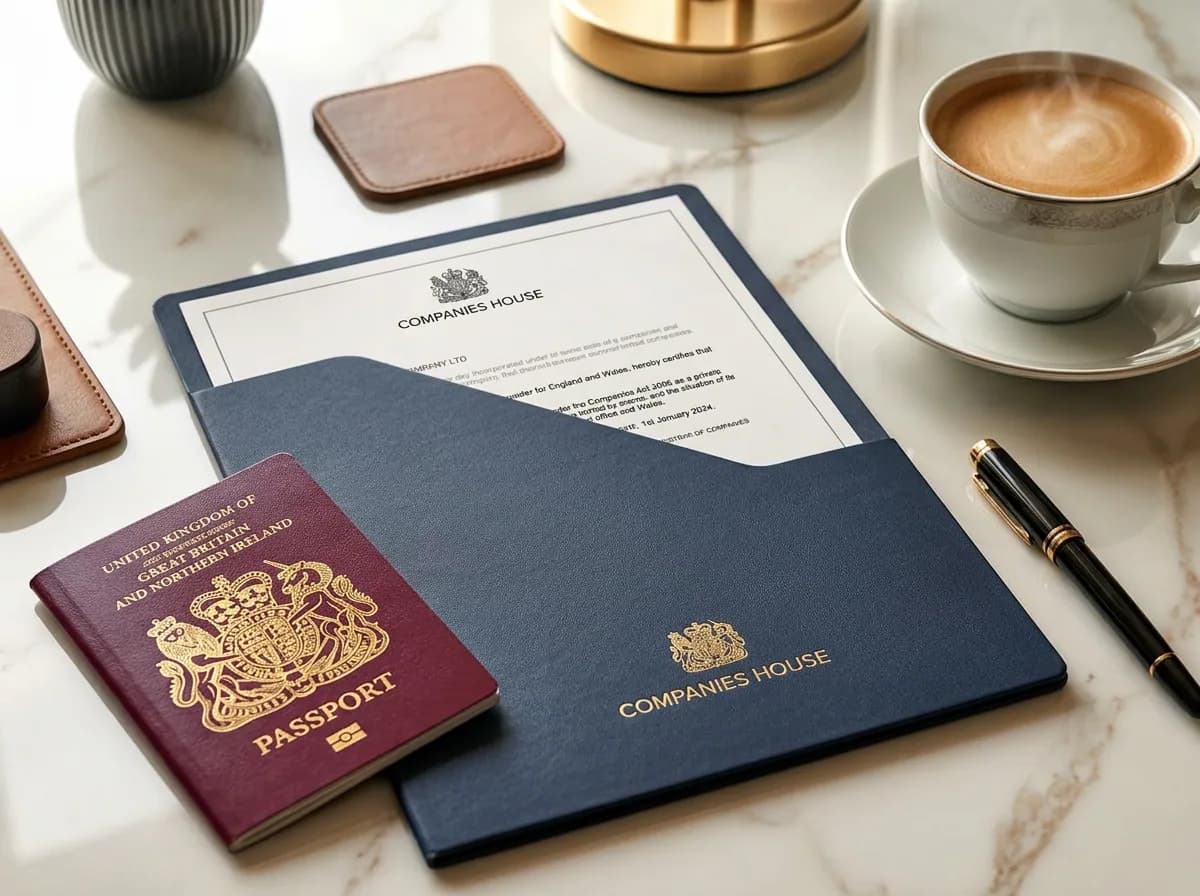 Incorporation certificate, company documents and a fountain pen on a desk
